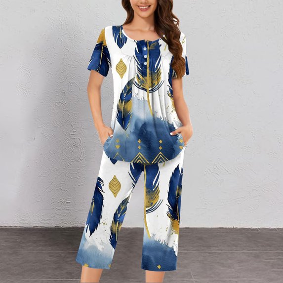 GaThRRgYP Women's Plus Size 2 Piece Capri Pajamas Set,2PC Women's Solid Color V Neck Lace Splicing Short Sleeve Sleepshirt and Pants Sets Loungewear Pajamas with Pockets White S