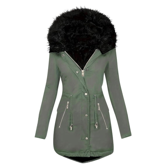 GaThRRgYP Women's Puffer Jacket Hooded,Women's Double Pocket Zipper Drawstring Button Jacket Plush Long Sleeved Hooded Cotton Parkas Outwear Green L