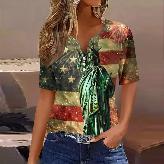 GaThRRgYP Women's Relaxed Fit Short Sleeve Top,Ladies' Independence Day Printed Button Up Three Quarter Sleeve 3/4 Sleeve V-neck Top/shirt Red XL