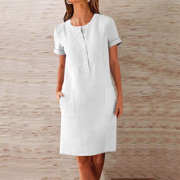 GaThRRgYP Women's Round Neck Summer Dress-Trendy and Sleeveless,Women Fashion Round-Neck Pockets Button Dress Solid Short Sleeve Dress White XL