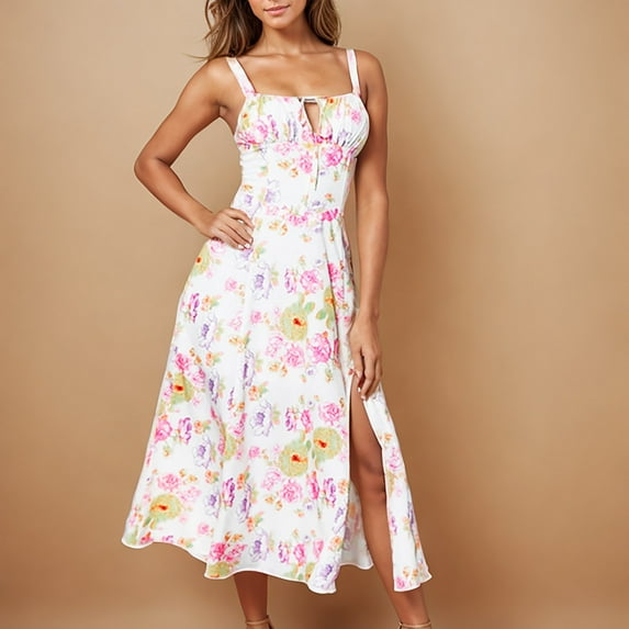 GaThRRgYP Women's Round Neck Summer Dress-Trendy and Sleeveless,Women's Casual Split Drawstring Dress with Straps Pink M
