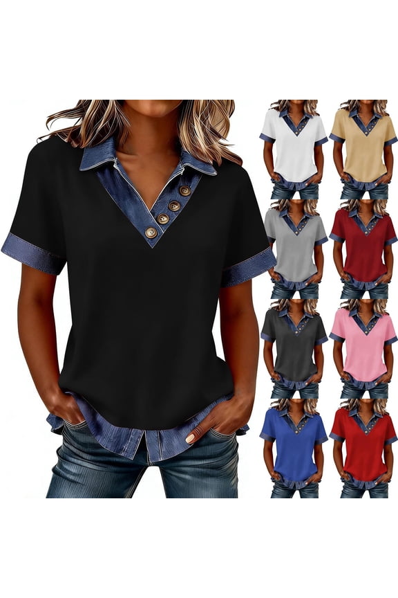 Women's Short Sleeve Modal Blend Tee,Women's Color Casual Short-sleeved Turtleneck Button-up Denim Patchwork Pullover Sweatshirt Top Wine XL