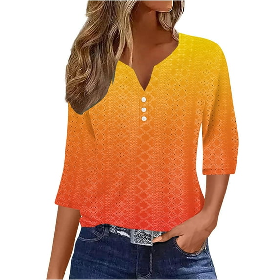 GaThRRgYP Women's Short Sleeve Summer Tops,Ladies' Loose Casual Gradient V-neck 3/4 Sleeve Quarter Sleeve Top Orange L