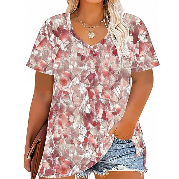GaThRRgYP Women's Short Sleeve Summer Tops,Women's Plus Size V-neck Printing Short Sleeve Solid Color Summer Base T-shirt Red XXXXL