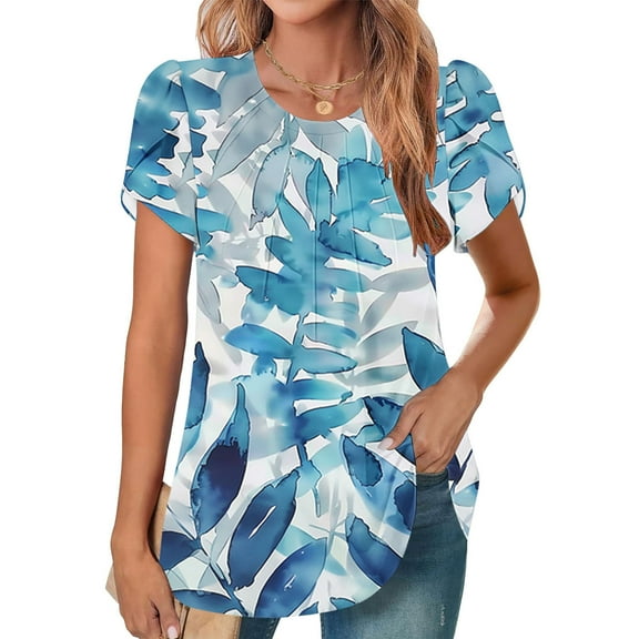 GaThRRgYP Women's Short Sleeve Tops for Summer Comfort,Women's New Short Sleeve Round Neck Cover Casual Pleated Tunic Top Curved Hem Printed Fashion Top Blue S