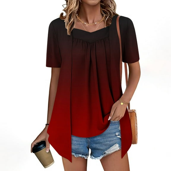 GaThRRgYP Women's Short Sleeve Tops for Summer Comfort,Women's Fashion Printed Fake Two Piece Short Sleeve Round-Neck Blouses Red S