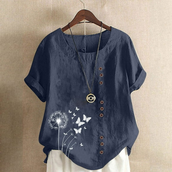 GaThRRgYP Women's Short Sleeve Tops for Summer Events,Women Casual and Linen Round-Neck Top Printed Short Sleeve Button T-shirt Blouse Navy XL
