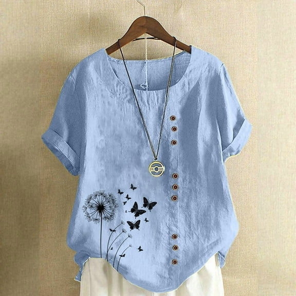 GaThRRgYP Women's Short Sleeve Tops for Summer Fashion,Women Casual and Linen Round-Neck Top Printed Short Sleeve Button T-shirt Blouse Blue M