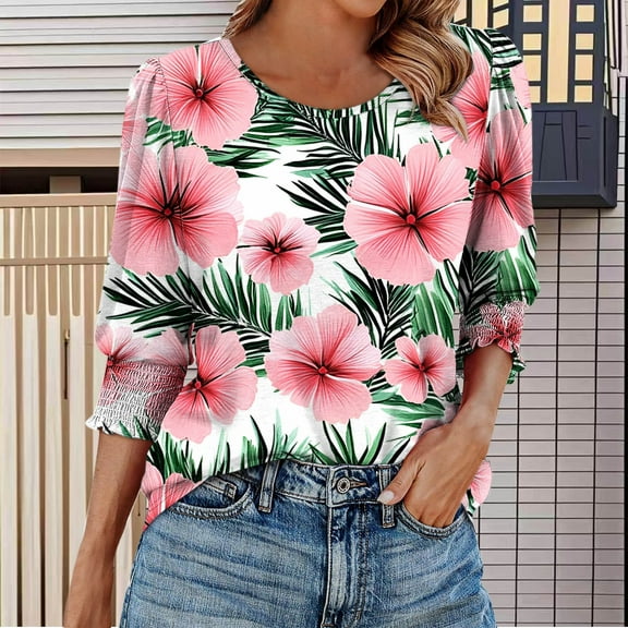 GaThRRgYP Women's Short Sleeve Tops for Summer Fashion,Womens Fashion Casual Printed 3/4 Sleeve Top Round-Neck Blouses Shirts Pink S