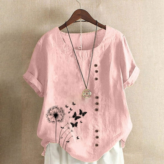 GaThRRgYP Women's Short Sleeve Tops for Summer Fun,Women Casual and Linen Round-Neck Top Printed Short Sleeve Button T-shirt Blouse Pink XXL