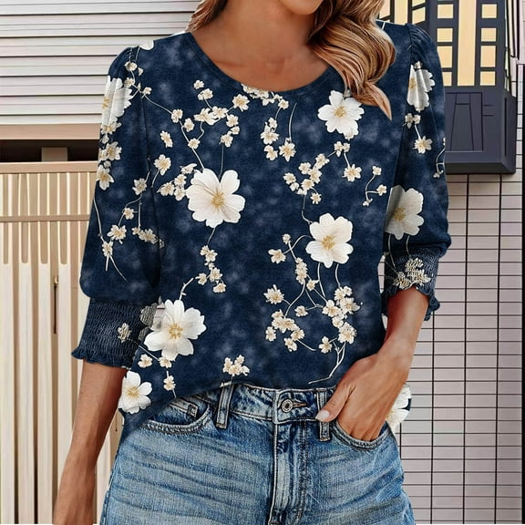 GaThRRgYP Women's Short Sleeve Tops for Summer Fun,Womens Fashion Casual Printed 3/4 Sleeve Top Round-Neck Blouses Shirts Navy S