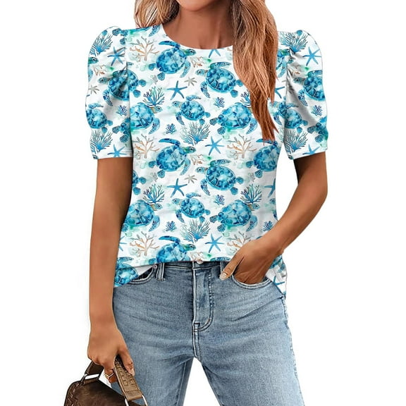 GaThRRgYP Women's Short Sleeve Tops for Summer Office Wear,Women's Crew-neck Pleated Short-sleeved Pullover Casual Print Loose Top Blue XL