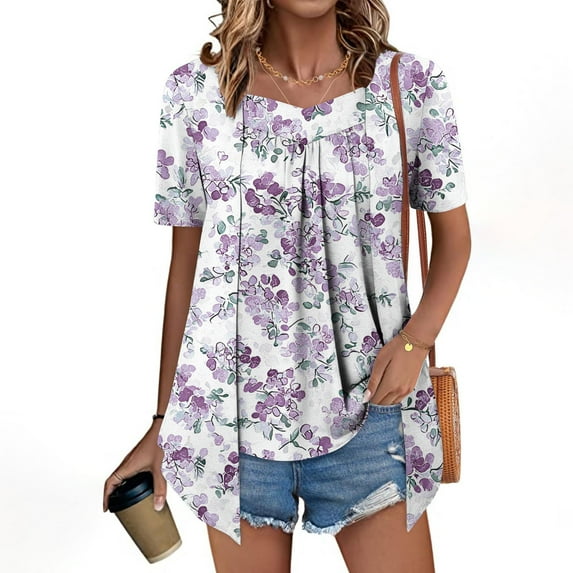 GaThRRgYP Women's Short Sleeve Tops for Summer Office Wear,Women's Fashion Printed Fake Two Piece Short Sleeve Round-Neck Blouses Purple S