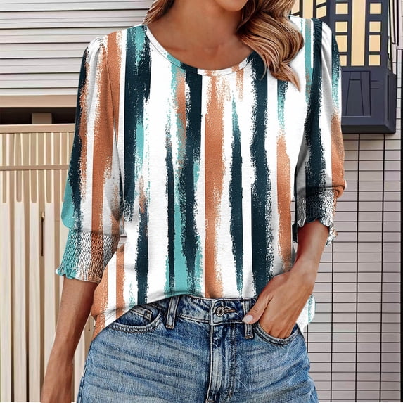 GaThRRgYP Women's Short Sleeve Tops for Summer Office Wear,Womens Fashion Casual Printed 3/4 Sleeve Top Round-Neck Blouses Shirts Blue XXL
