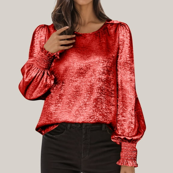 GaThRRgYP Women's Short Sleeve Tops for Summer Parties,Women's Fashionable Solid Color Round Neck Asymmetrical Ruffle Sleeve Long Sleeved Top Red S