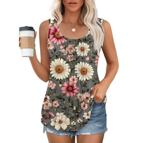 GaThRRgYP Women's Sleeveless Low Neck Top,Summer Tank Tops for Women,Women's New Loose Casual Crew-neck Pleated Print Fashion Top Multicolor M