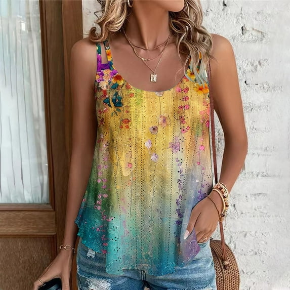 GaThRRgYP Women's Sleeveless Low Neck Top,Tank Tops for Women under $5,2025 Women's Spring and Summer New Tank Neck Print Casual Fashion Top Yellow M