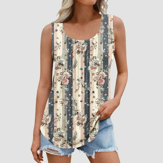 GaThRRgYP Women's Sleeveless Low Neck Top,Women's New Loose Casual Crew-neck Pleated Print Fashion Top Multicolor XXXXXL