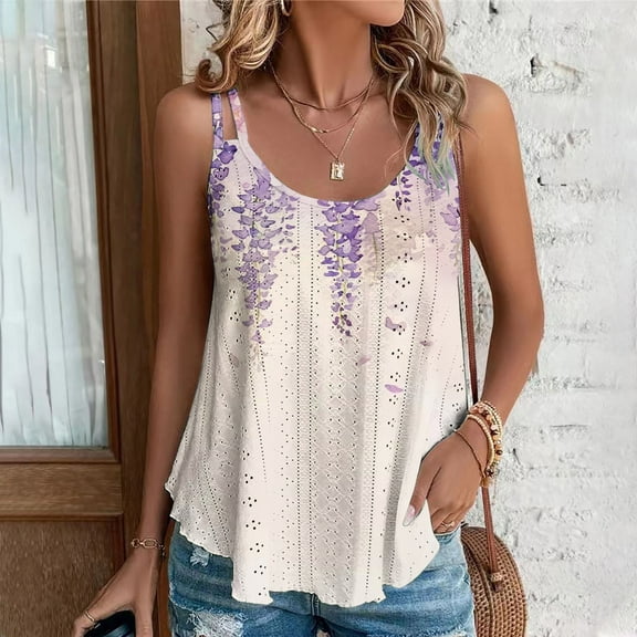 GaThRRgYP Women's Sleeveless Off-Shoulder Top,2025 Women's Spring and Summer New Tank Neck Print Casual Fashion Top Purple S