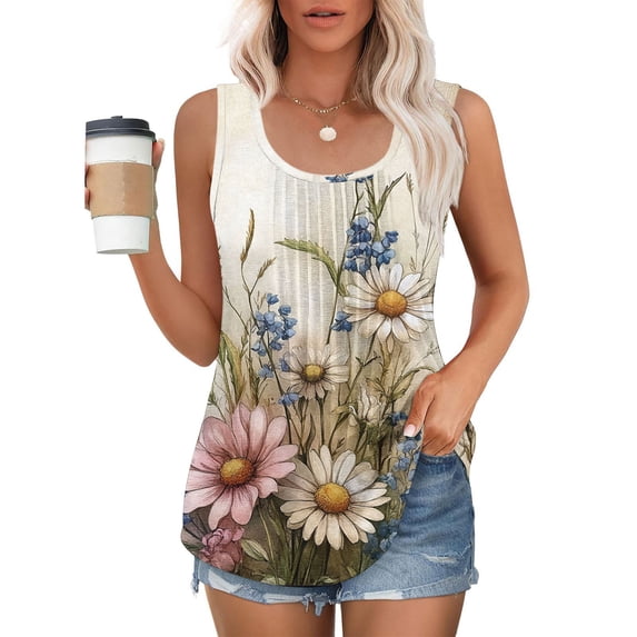 GaThRRgYP Women's Sleeveless Round Neck Embroidered Top,Summer Tank Tops for Women,Women's New Loose Casual Crew-neck Pleated Print Fashion Top White XXXL