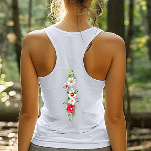 GaThRRgYP Women's Sleeveless Round Neck Embroidered Top,Tops for Women Trendy Summer,Summer Women Printing Round Neck Sleeveless Casual Tee H-shaped Back Tank White S