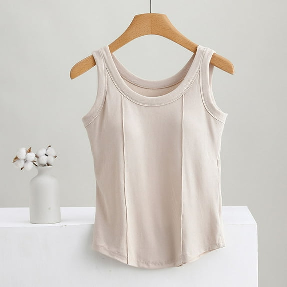 GaThRRgYP Women's Sleeveless Round Neck Low Neck Top,Summer Tank Tops for Women,Women's Summer with Chest Cushion Camisole Bottom Layer Sleeveless Top Beige M
