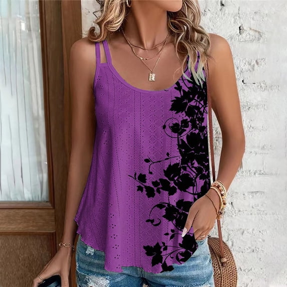 GaThRRgYP Women's Sleeveless Round Neck Off-Shoulder Blouse,Womens Plus Size Tops,2025 Women's Spring and Summer New Tank Eyelet Embroidery Neck Fashion Print Casual Fashion Top Purple L