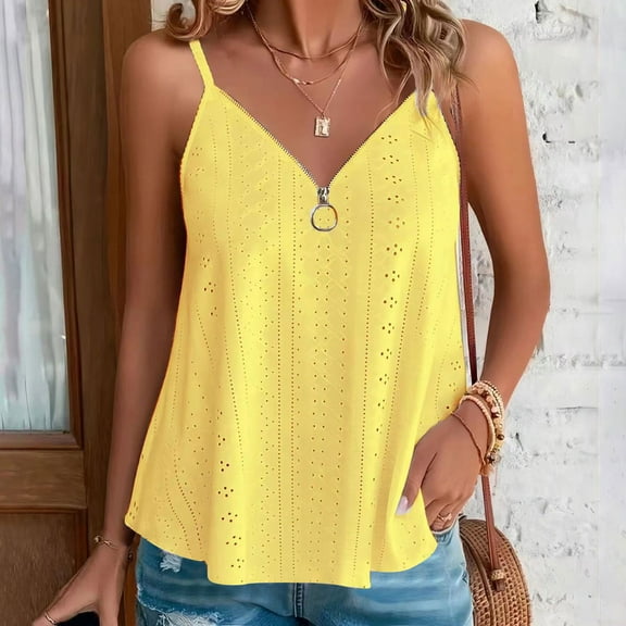 GaThRRgYP Women's Sleeveless Round Neck Pleated Top,Summer Tops for Girls,Fashion Women's Casual Zipper Hollow V-neck Solid Color Casual Top Yellow M