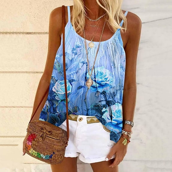 GaThRRgYP Women's Sleeveless Round Neck Puffed Shoulder Top,Women's Summer Strap Printed Round Neck Strap Top Women's Round Neck Strap Top Blue XL