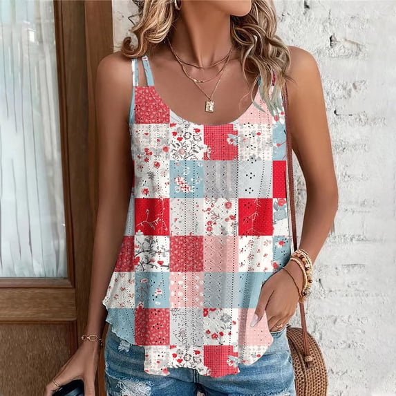 GaThRRgYP Women's Sleeveless Round Neck Ruffle Top,Plus Size Womens Clothes,2025 Women's Spring and Summer New Tank Eyelet Embroidery Neck Fashion Print Casual Fashion Top Red M