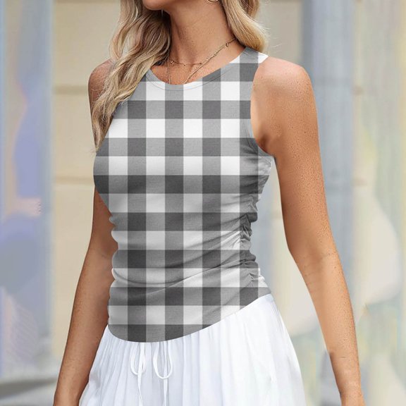 GaThRRgYP Women's Sleeveless Round Neck Ruffle Top,Plus Size Womens Clothes,Women's Tank Summer Sleeveless Round-Neck Slim Fitted Blouse Side Ruched Basic Printed Tees Shirts Gray M