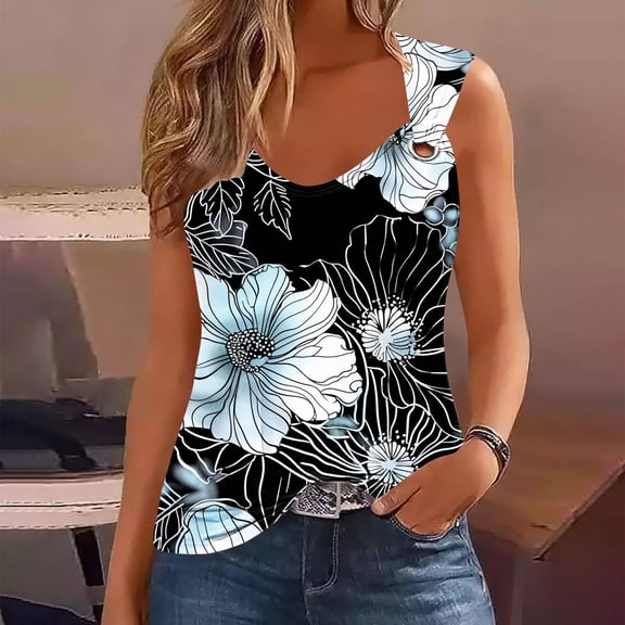 GaThRRgYP Women's Sleeveless V-Neck Cut-Out Blouse,Women's Fashionable Sleeveless Casual Printing Metal Round Neck Shirts Blouses Tank Black S