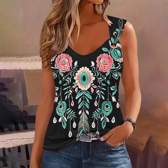 GaThRRgYP Women's Sleeveless V-Neck Floral Blouse,Women's Solid Color Camisole Sleeveless T-shirt Loose Tank Top Black S