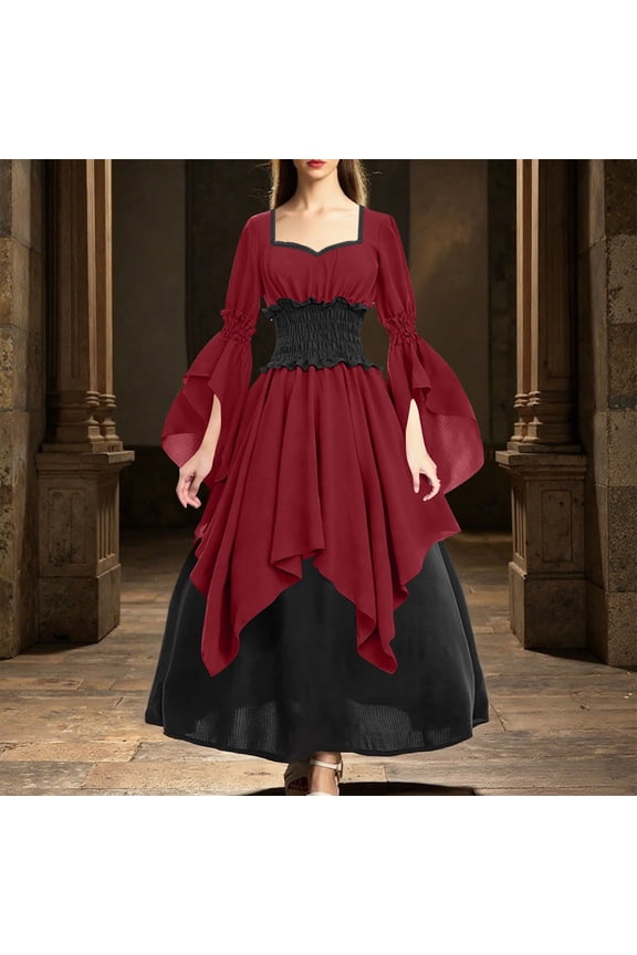 Women's Sling Gothic Dress,Women's Medieval Renaissance Pirate Witch Dress Gown Skirt Wine XS