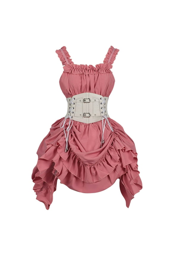 Women's Sling Gothic Dress,Womens Halloween Dark Gothic Lace Strap Drawstring Dress Pink M