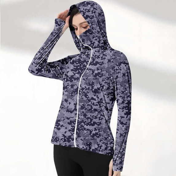 GaThRRgYP Women's Sporty UV Defense Top Summer Quick-Dry Activewear,Ladies Gradient Color Long Sleeve Hooded Thumb Buckle Sun Protection Clothing Purple L