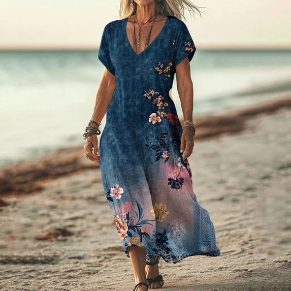 GaThRRgYP Women's Summer Casual T-shirt Dresses,Women's Fashionable Printed Short Sleeved V-neck Dress Long Skirt Navy S