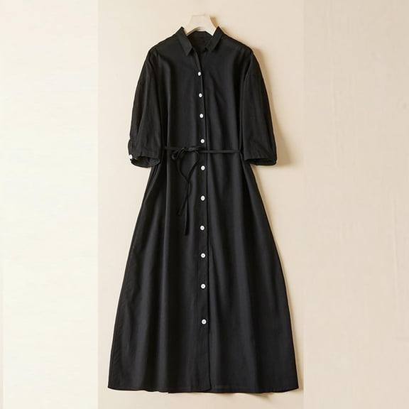 GaThRRgYP Women's Summer Dress Plus Size,Women's Elastic Waist Loose and Comfortable Solid Color Doll Shirt Linen Dress Black M
