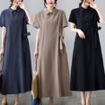 thumbnail image 1 of GaThRRgYP Women's Summer Plus Size Dress,Women's Elastic Waist Loose and Comfortable Solid Color Doll Shirt Linen Dress Khaki XL, 1 of 7