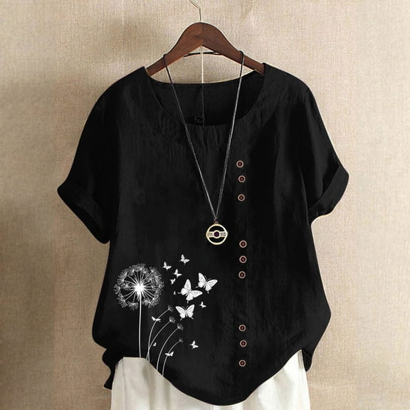 GaThRRgYP Women's Summer Short Sleeve Blouse Tops for Casual Wear,Women Casual and Linen Round-Neck Top Printed Short Sleeve Button T-shirt Blouse Black XL