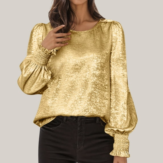 GaThRRgYP Women's Summer Short Sleeve Blouse Tops for Wear,Women's Fashionable Solid Color Round Neck Asymmetrical Ruffle Sleeve Long Sleeved Top Gold L