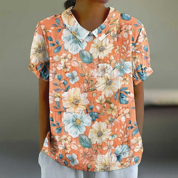 GaThRRgYP Women's Summer Short Sleeve Tops for Beach & City,Women's Ladies Fashion Casual Cropped Short Sleeve Printing Loose Shirt Blouse Top Multicolor S