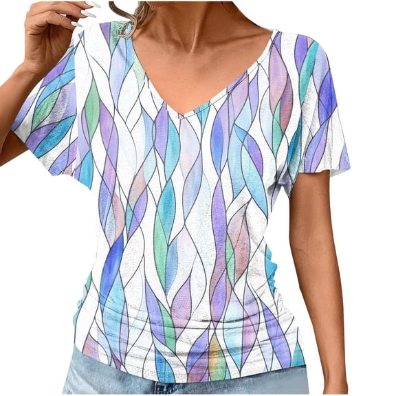 GaThRRgYP Women's Summer Short Sleeve Tops for Casual Dates,Fashion Women's Casual Short Sleeve Printing V-Neck Blouse Floral Ruched T-Shirt Casual Feminine Purple XXL