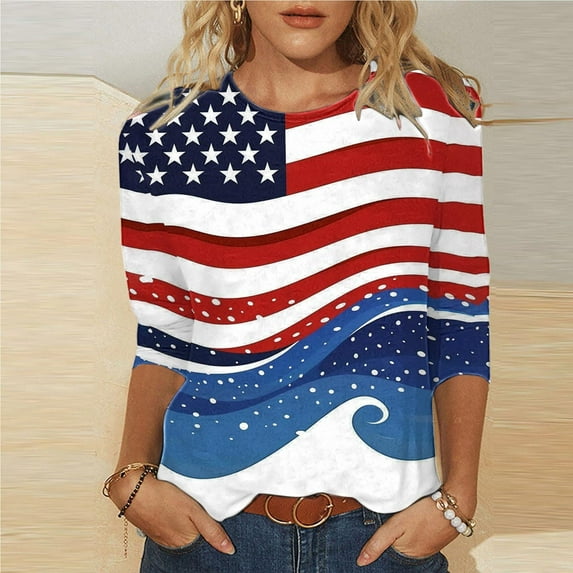 GaThRRgYP Women's Summer Short Sleeve Tops for Casual Dates,Ladies' Independence Day Printed Round Neck Three Quarter Sleeve 3/4 Sleeve T-shirt Loose Blue L