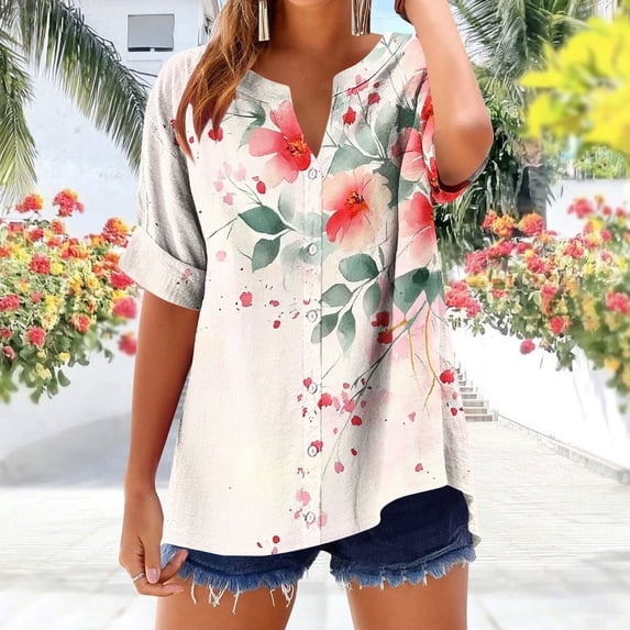 GaThRRgYP Women's Summer Short Sleeve Tops for Daily Wear,Women's V-neck Non Positioning Printed Summer Button Short Sleeved Loose and Fashionable T-shirt Top Beige S