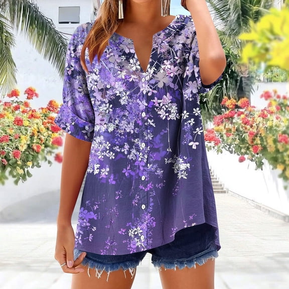 GaThRRgYP Women's Summer Short Sleeve Tops for Everyday Style,Women's V-neck Non Positioning Printed Summer Button Short Sleeved Loose and Fashionable T-shirt Top Purple M