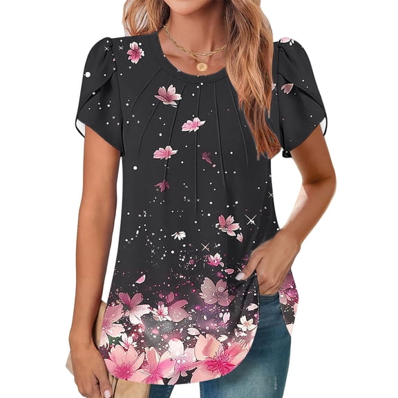 GaThRRgYP Women's Summer Short Sleeve Tops Fashion,Women's New Short Sleeve Round Neck Cover Casual Pleated Tunic Top Curved Hem Printed Fashion Top Black XL