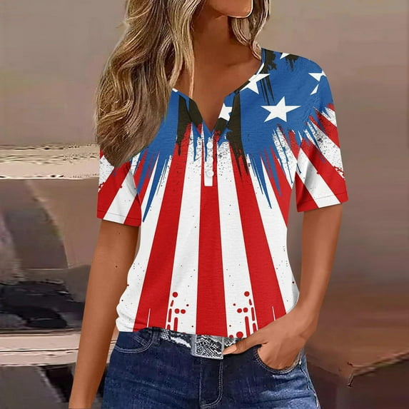 GaThRRgYP Women's Summer Short Sleeve Tops Trends,Ladies' Independence Day Printed Button Up Three Quarter Sleeve 3/4 Sleeve V-neck Top/shirt Red XL