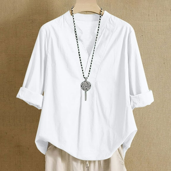 GaThRRgYP Women's Summer Short Sleeve Tops for Vacation,Women's V Neck Half Sleeve Loose Solid Color T Shirt Tunic Summer Shirt Cotton and Linen Blouse White M