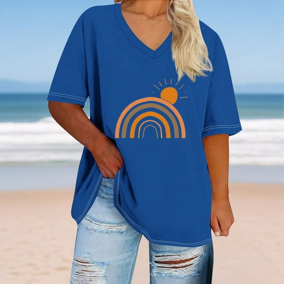 Black*Friday Clearance Items under $5 GaThRRgYP Women's Summer Short Sleeve Tops for Comfortable Style,Women's Oversized V-neck Short Sleeved Solid Summer Base Shirt Sports T-shirt Blue S